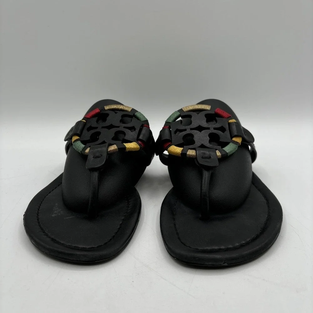 Tory Burch Miller Flats Women's 7 Black Thong Embroidered Colorful Logo Sandals